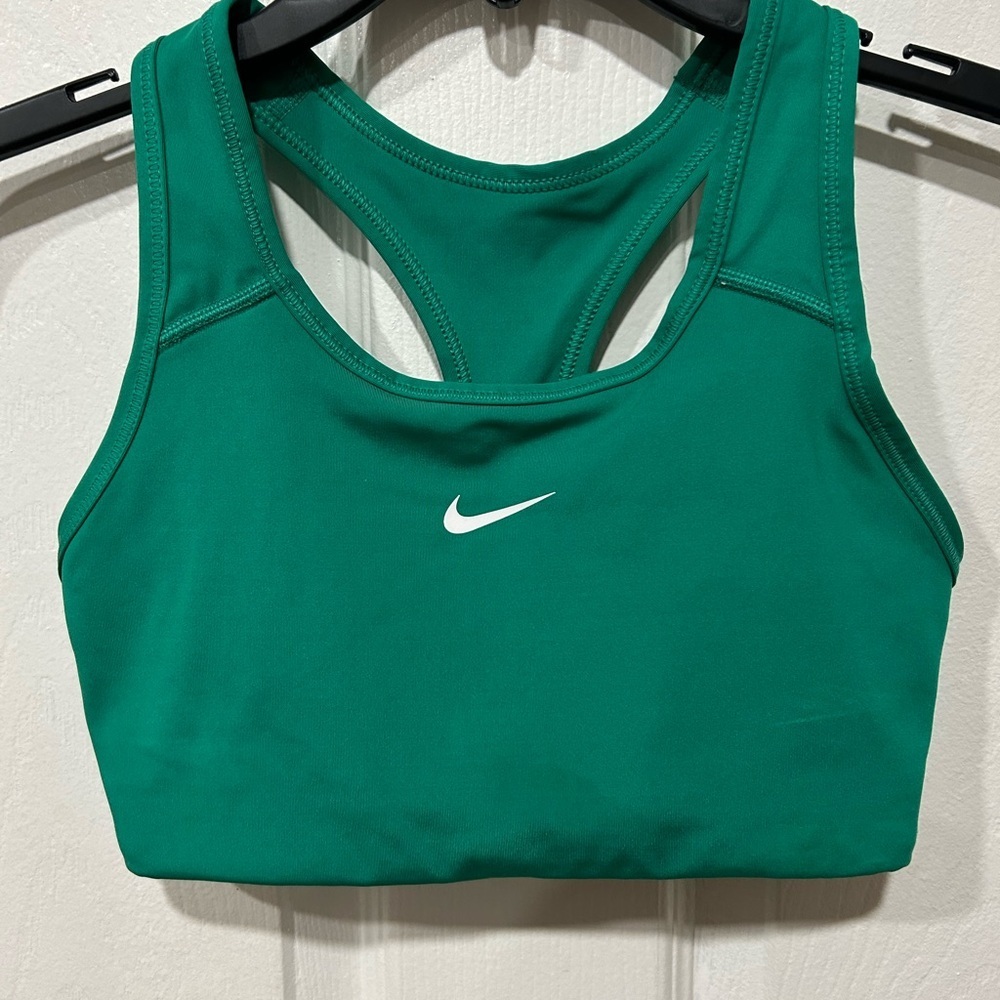 Nike Women's Emerald Green Racerback Sports Bra with White Swoosh